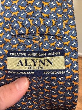 Alynn Mens Silk Tie Blue Golden Retriever Dog Bone Novelty Print Hand Made